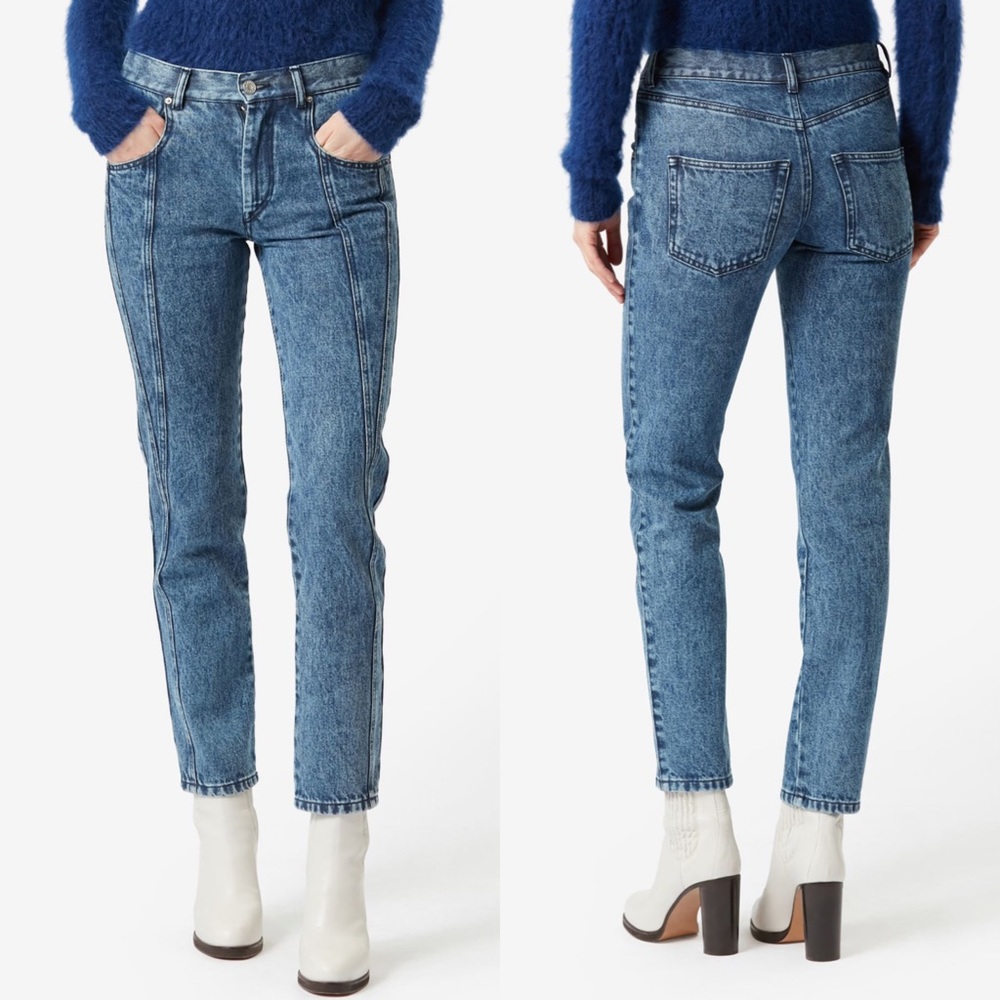 Isabel‎ Marant Vikira 40 FR Blue Paneled Straight Cut High Rise Jeans Trousers